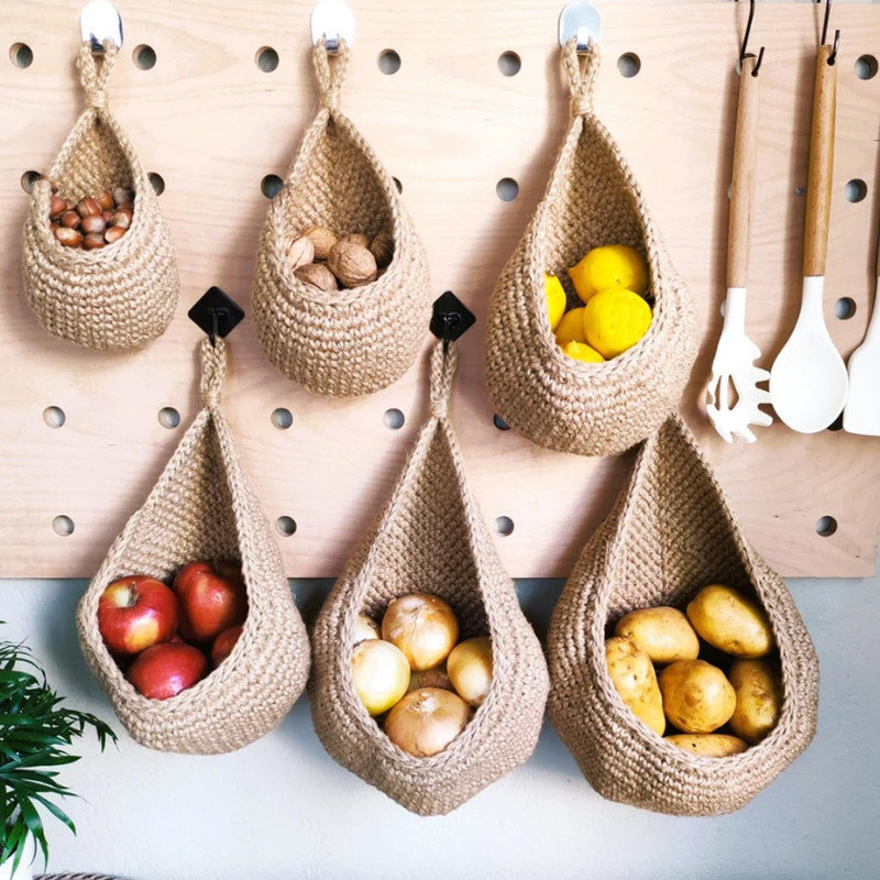 Boho Wall Hanging Fruit & Vegetable Baskets, Woven Teardrop Jute Storage Baskets for Kitchen, Natural Color Organizer for Potatoes & Onions,S