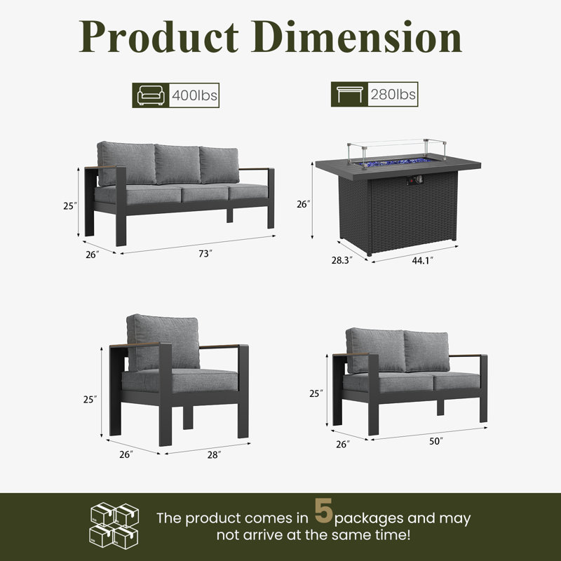 Outdoor Aluminum Furniture Set with Fire Pit Table, Modern Patio Conversation Sets for Porch, Backyard, Dark Grey