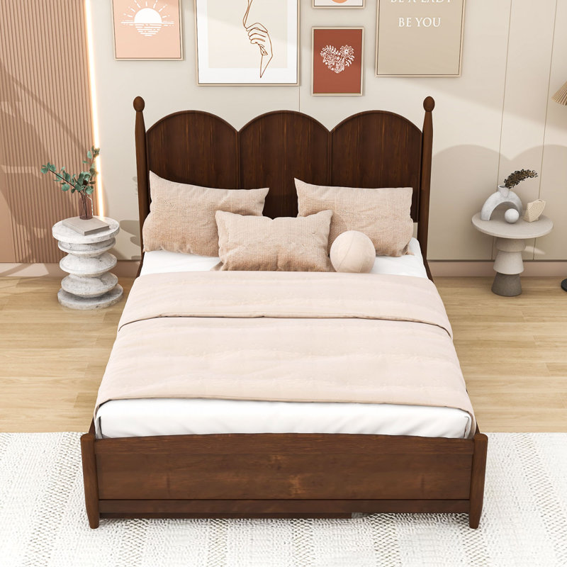 Queen Wooden Platform Bed with Trundle and 2 Drawers, Walnut