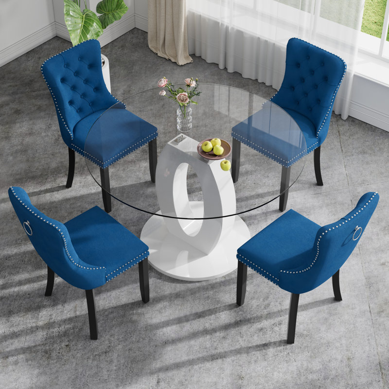 High Gloss Round Dining Table Set with 4 Velvet Dining Chairs, Blue/Black