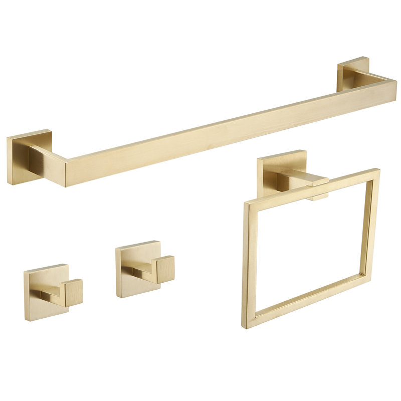 4-Piece Bathroom Hardware Set: Towel Bar, Towel Hook, Toilet Paper Holder, And Towel Ring, Brushed Gold