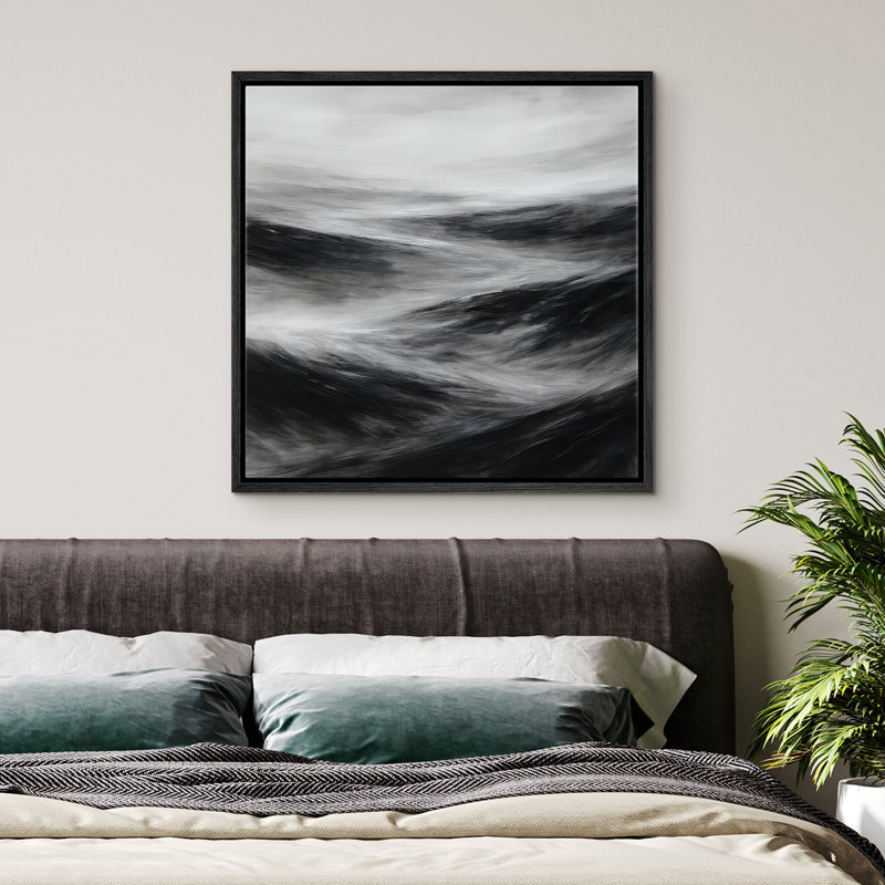 Framed Canvas Wall Art Abstract Landscape Print for Neutral Modern Decor, Black, 16" H x 16" W