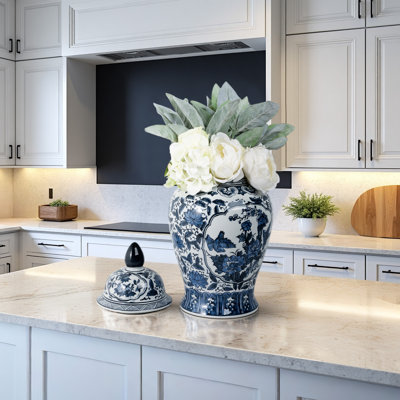 Gherghina Blue Ceramic Ginger Jar with Lid - 18" Decorative Stoneware Vase for Home & Office