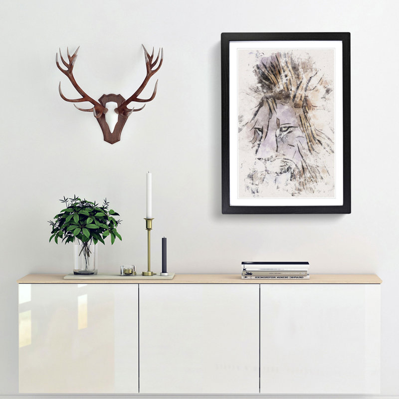 Abstract Lion Art Watercolour - Picture Frame Graphic Art, 63cm H x 45cm W x 2cm D, Black Framed
