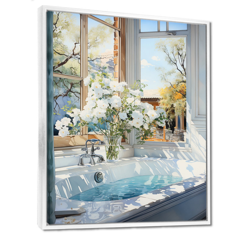 Bathroom Tranquil Reflections VI - Art mural encadré pour salle de bain, H 32 po x l 24 po x P 1 po, Cadre flottant blanc