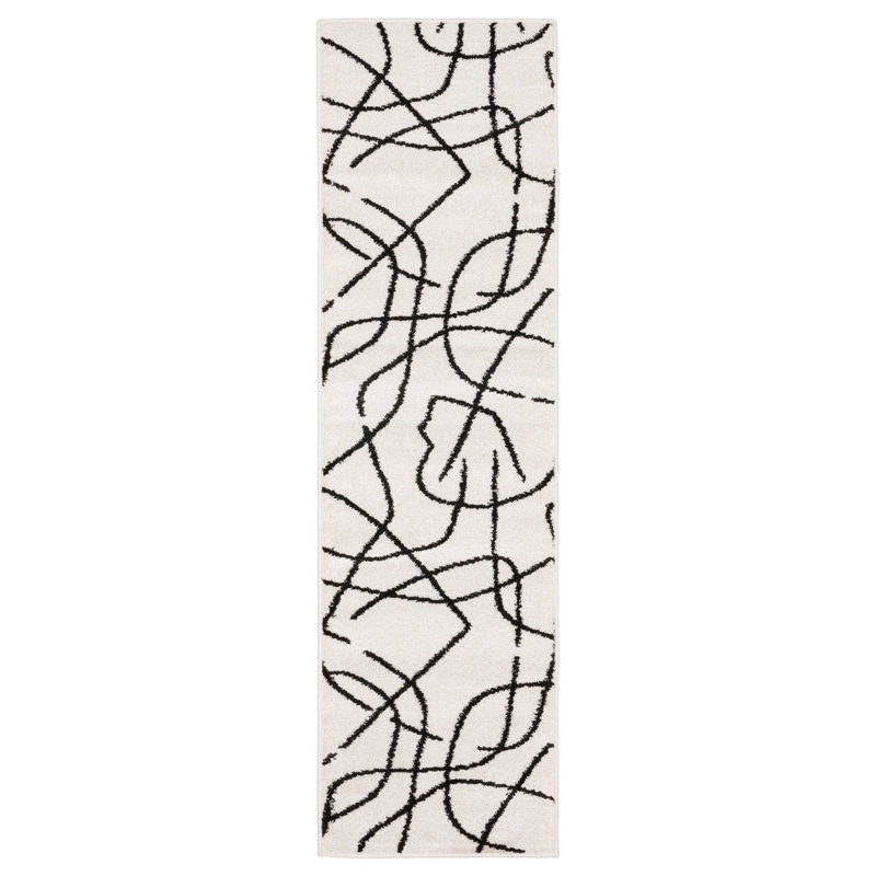 Quince Mid-Century Abstract Lines Beige/ Black Area Rug, Runner 2' x 7'