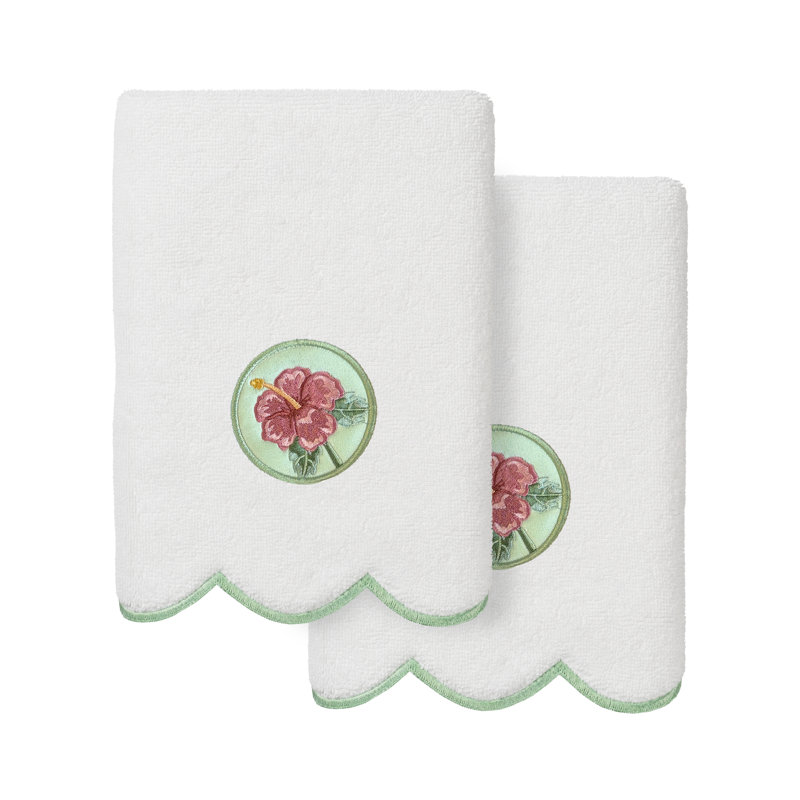  100% Turkish Cotton MAUI Scallop 2PC Embellished Hand Towel Set, White/Green, Hand Towels - 2 Pack