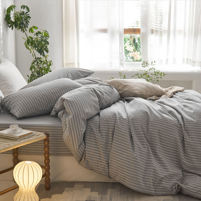 MooMee Striped Duvet Cover Set 100% Washed Cotton Linen Like Textured, Wide Stripes - Light Gray/White