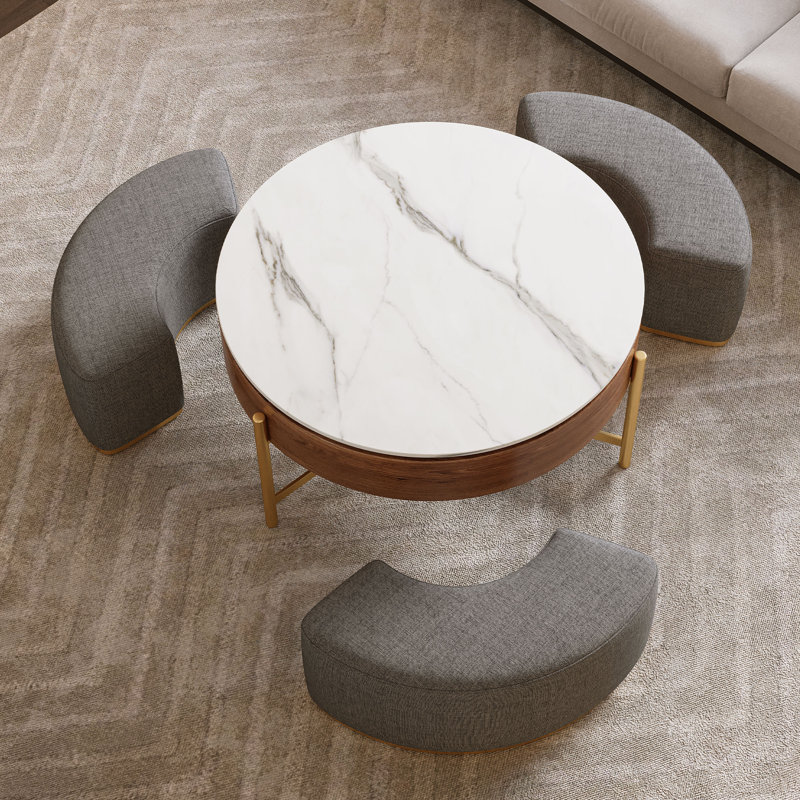 Table basse moderne à plateau relevable avec rangement caché, plateau en placage et en pierre frittée, 3 repose-pieds gigognes rembourrés, conception peu encombrante, entièrement assemblée