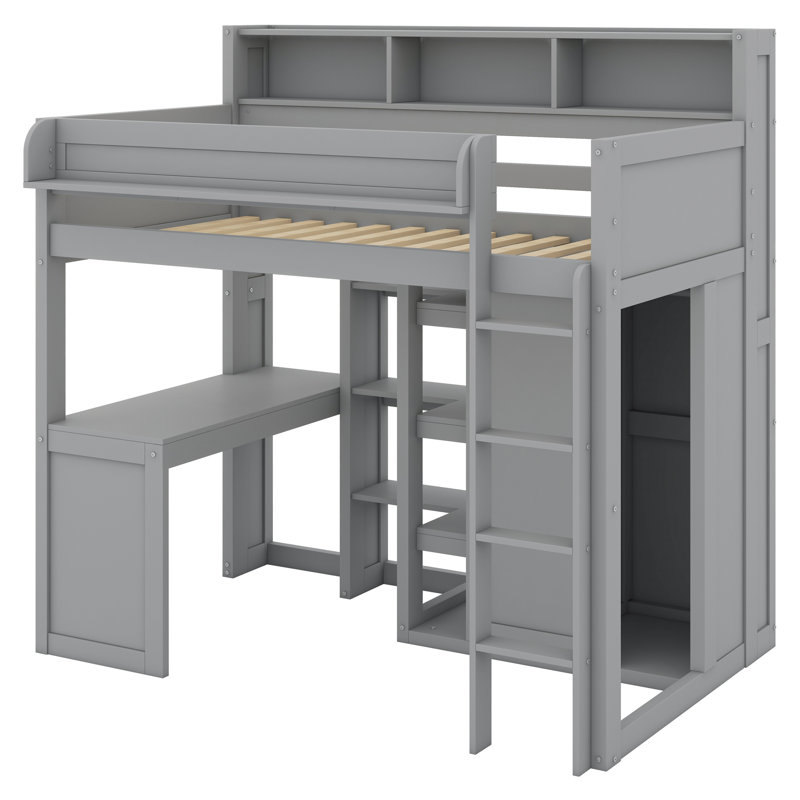 Lit mezzanine en bois avec plusieurs tablettes de rangement et garde-robe, Gris