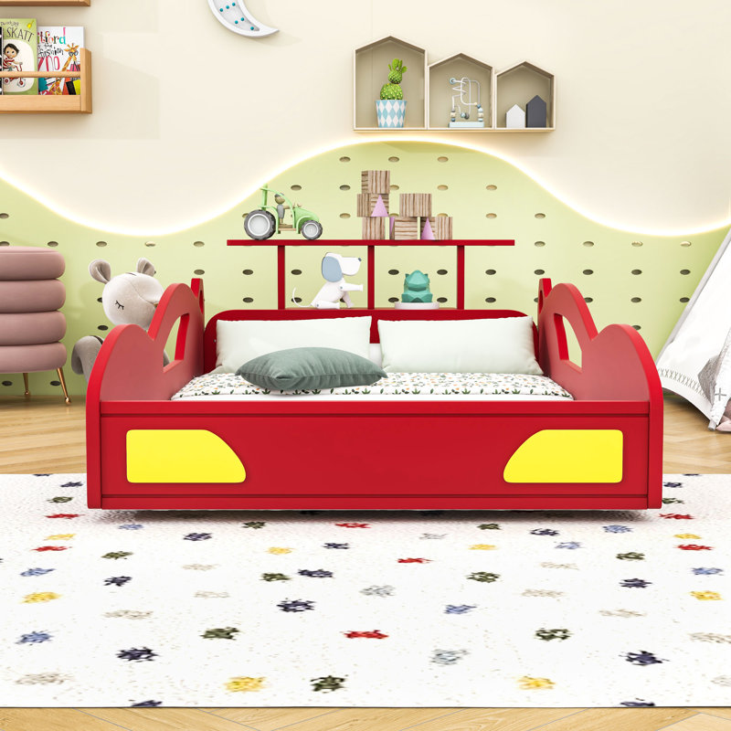 Twin Wooden Race Car Bed With Safety Rails And Built-In Rack, Red/Yellow