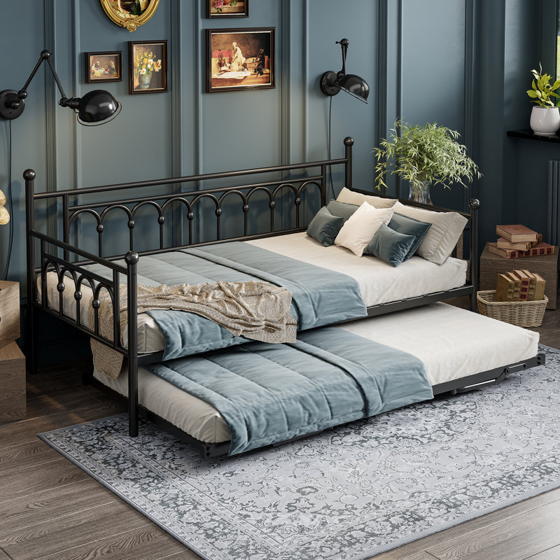 Rackers Twin Steel Metal Day Bed with Pop Up Trundle, Black