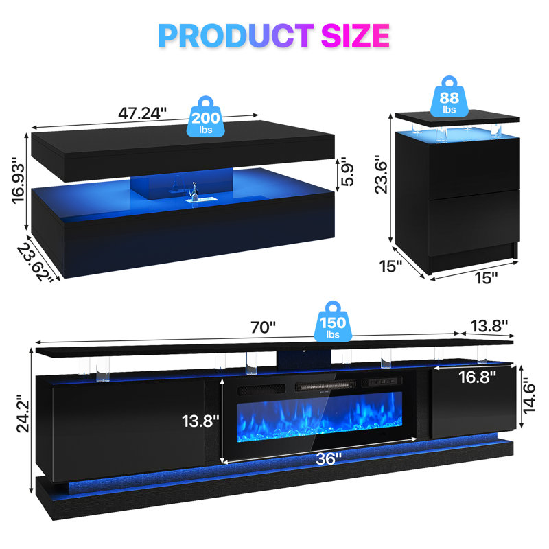 70" Modern Electric Fireplace Tv Stand And Coffee Table Set With Led Lights, Black
