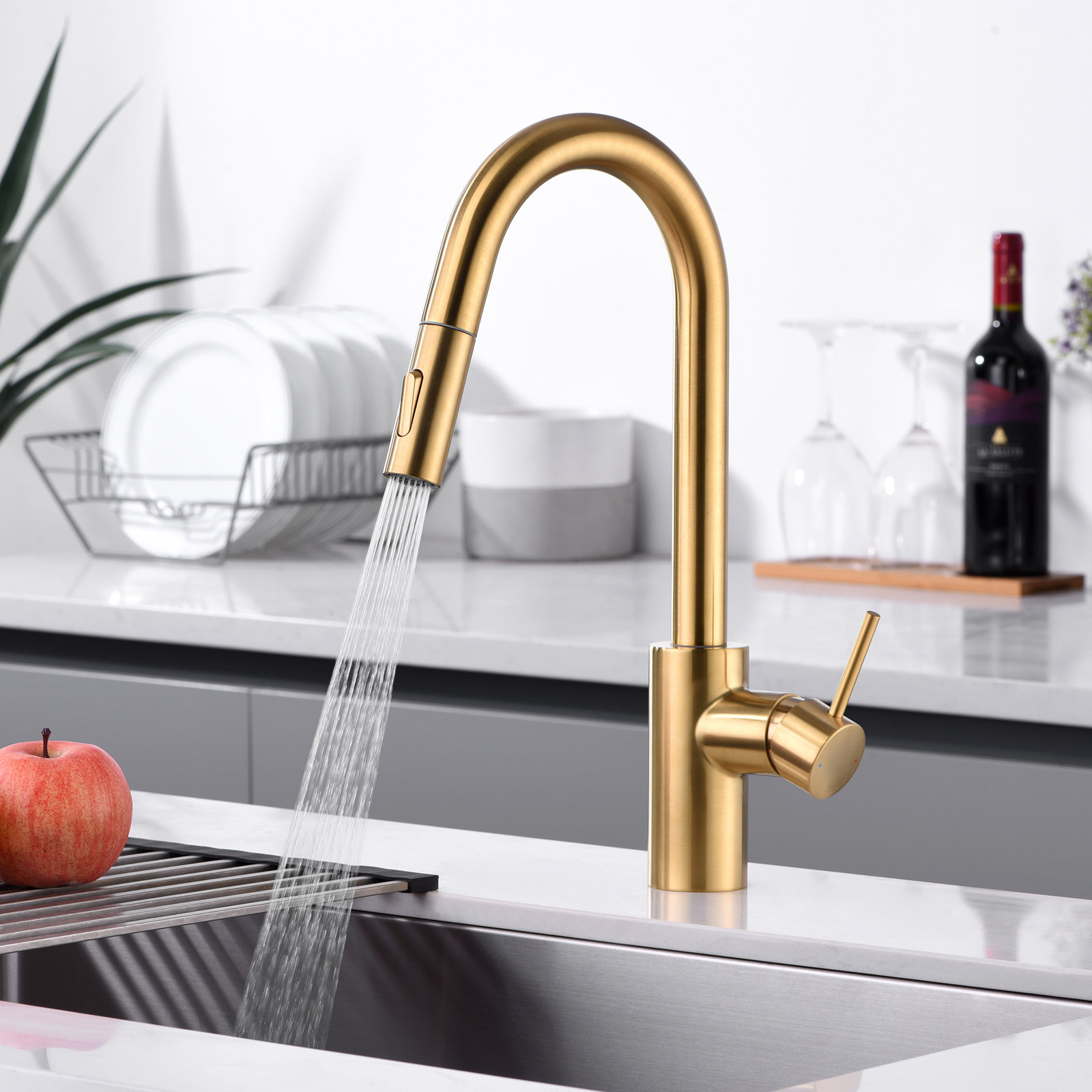 Pull-Down Kitchen Faucet with Accessories, Brushed Gold