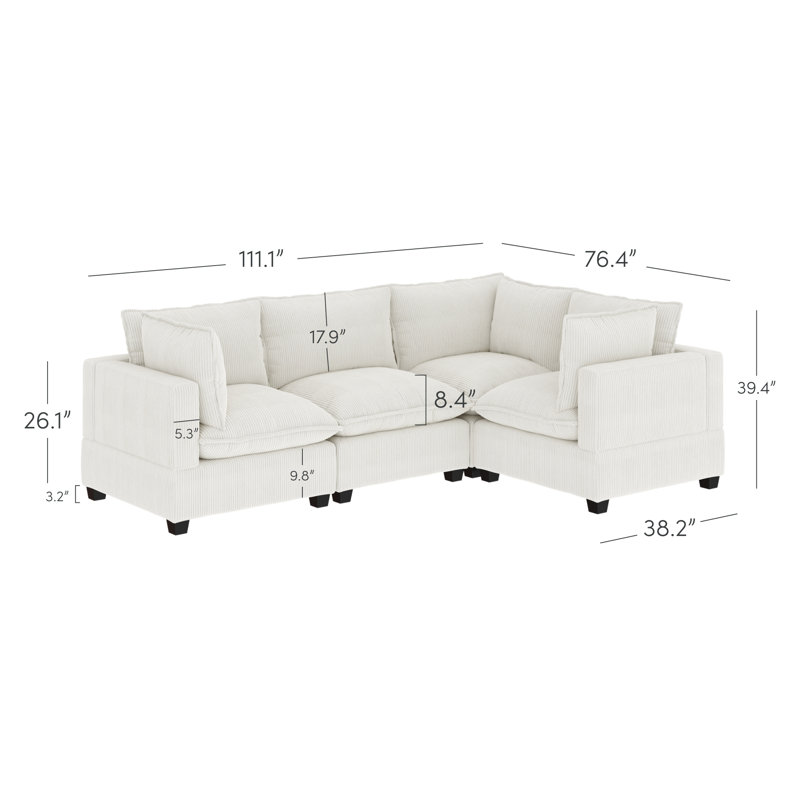 Canapé modulaire Somerdale, H 39,4 po x l 111,1 po x P 76,4 po, Velours nacré blanc perle