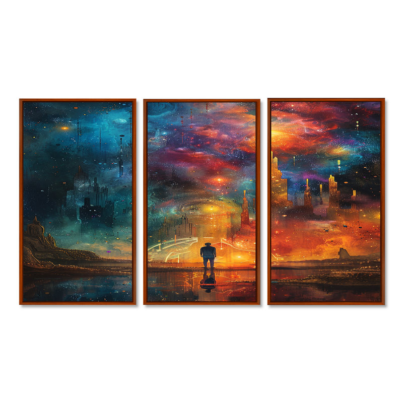 «Wanderer In Distant Urban Land - Space Paysages», ensemble d'art mural, Cadre flottant brun, H 28 po x l 36 po x P 1 po