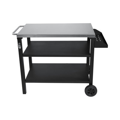 3 chariots de gril d'extérieur avec plateau en acier inoxydable et tablette latérale, roues de table de préparation pour barbecue mobiles, barre de service à roulettes pour la cour arrière, support à four à pizza idéal, noir, fabrication rouille, rehaussée