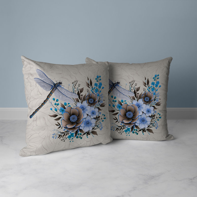 Coussin décoratif intérieur / extérieur Dragonfly Haven, H 16 po x l 16 po, Brun / beige / cyan