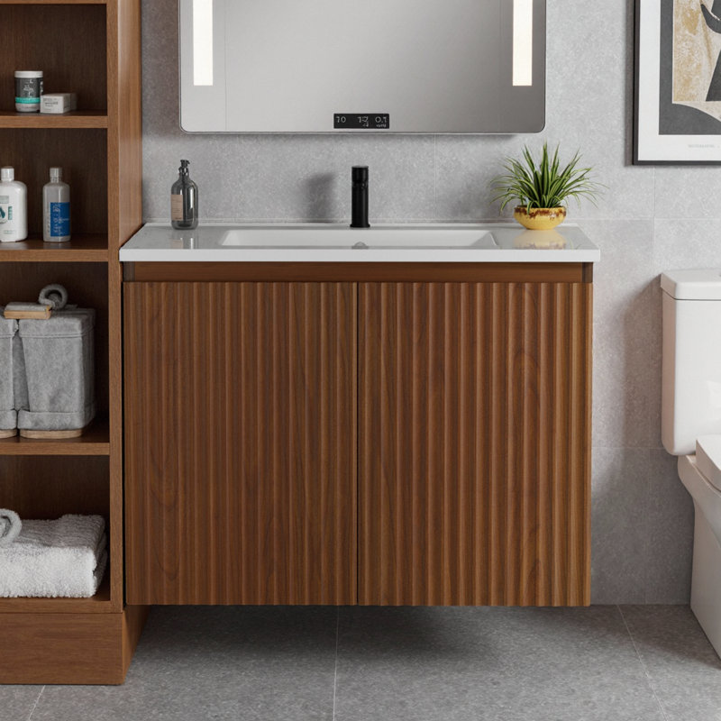 Armoire murale pliante en chêne doré 30 po avec évier en céramique, 1 minute d'installation de rangement pour la salle de bain