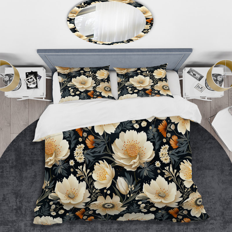 Literie Modern Florals II, Housse de couette pour grand lit et 2 taies décor