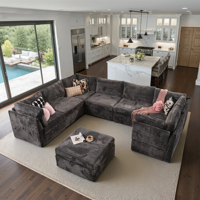 Canapé modulaire en velours côtelé 8 pièces Nathasa, Velours côtelé gris