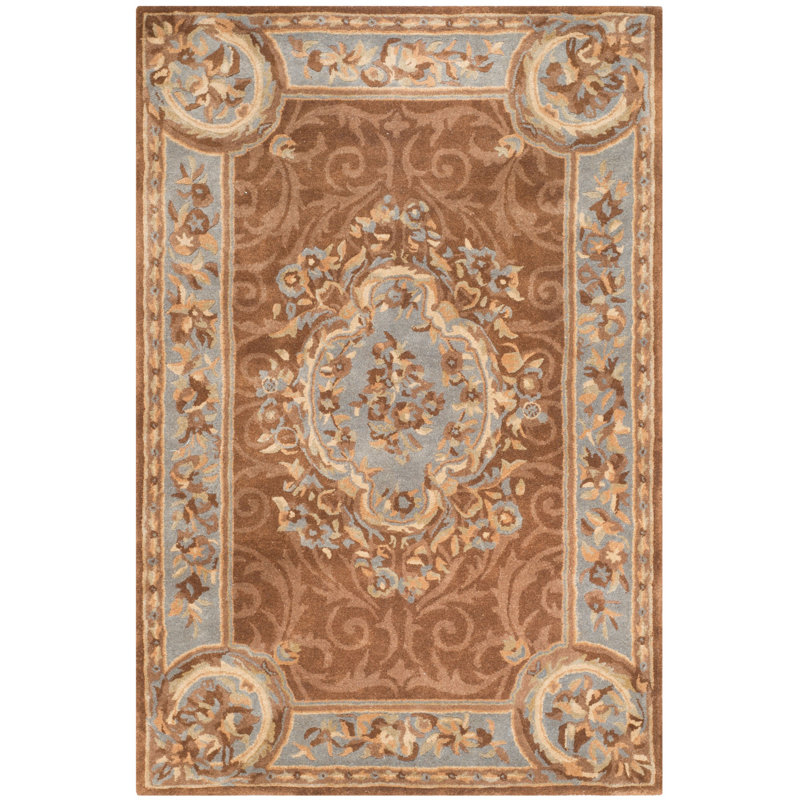 Tapis bleu / brun en laine touffeté à la main Sandusky, Rectangle 4 pi x 6 pi