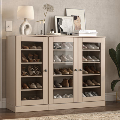 Armoire de rangement à chaussures 100% en bois massif avec porte en verre, tablettes réglables, rangement modulaire pour vestibule, l 48,5 po x H 35,75 po