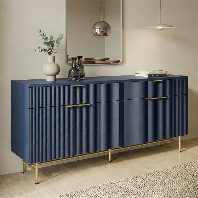 69" Fluted Sideboard Buffet Cabinet with 2 Drawers & 4 Doors, Soft-Close Hinges, Modern Accent Cabinet, Gold/Blue