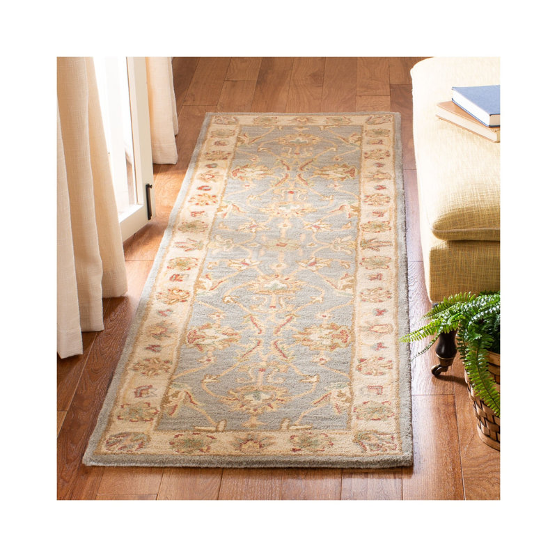 Tapis bleu / beige en laine touffeté à la main Cranmore, Tapis de couloir 2 pi 3 po x 10 pi