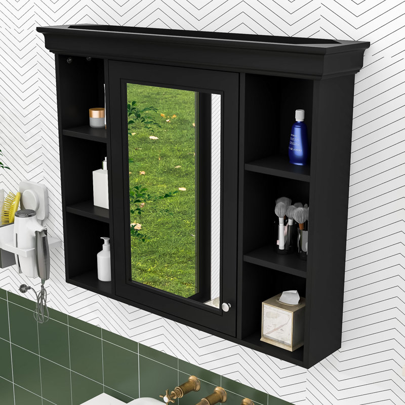 Armoire de rangement murale élégante avec porte miroir, Noir, noir, noir, noir