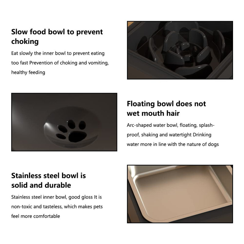 Bols pour chiens et chats 2 en 1 avec support réglable à 4 hauteurs pour chiens et chats de grande taille, Noir