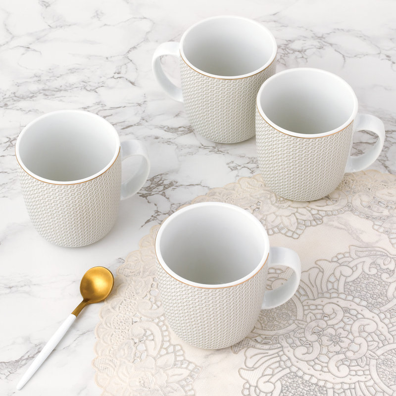 Waterside 4 Pack of Premium Diamond & Gold Porcelain Mug Set with Gold Rim