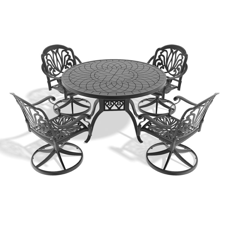 Ensemble de salle à manger 5 pièces en aluminium coulé résistant aux intempéries, comprenant 4 chaises pivotantes et une table ronde de 47,24 po avec structure noire