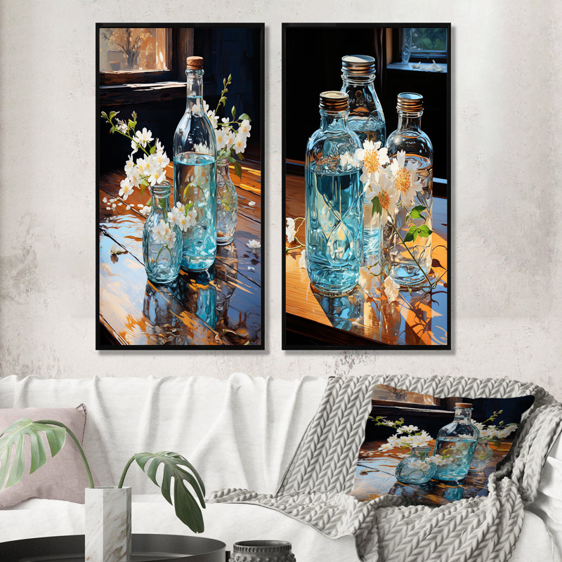 Blue Bottled Reflections - Ensemble de 2 décorations murales, Cadre flottant noir, H 32 po x l 33 po