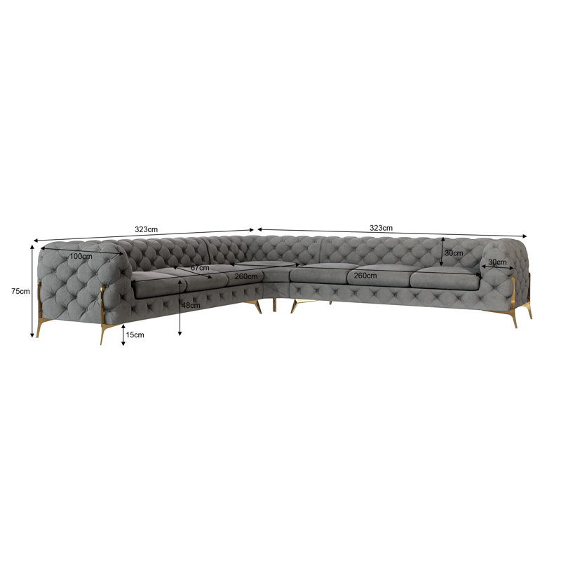 Chesterfield Corner Sofa L-Shape  with Gold Metal Legs, Grey