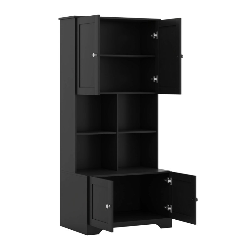 Unité de rangement pour salle de bain, armoire autoportante avec 4 portes, tablettes réglables, Noir