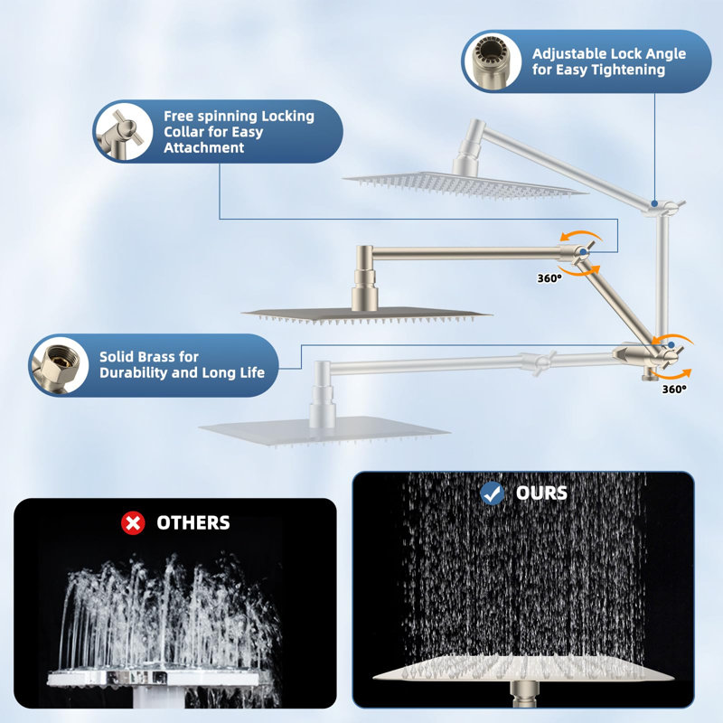 8” High Pressure Rainfall Shower Head With Handheld Spray, 16" Adjustable Extension Arm, Brushed Nickel