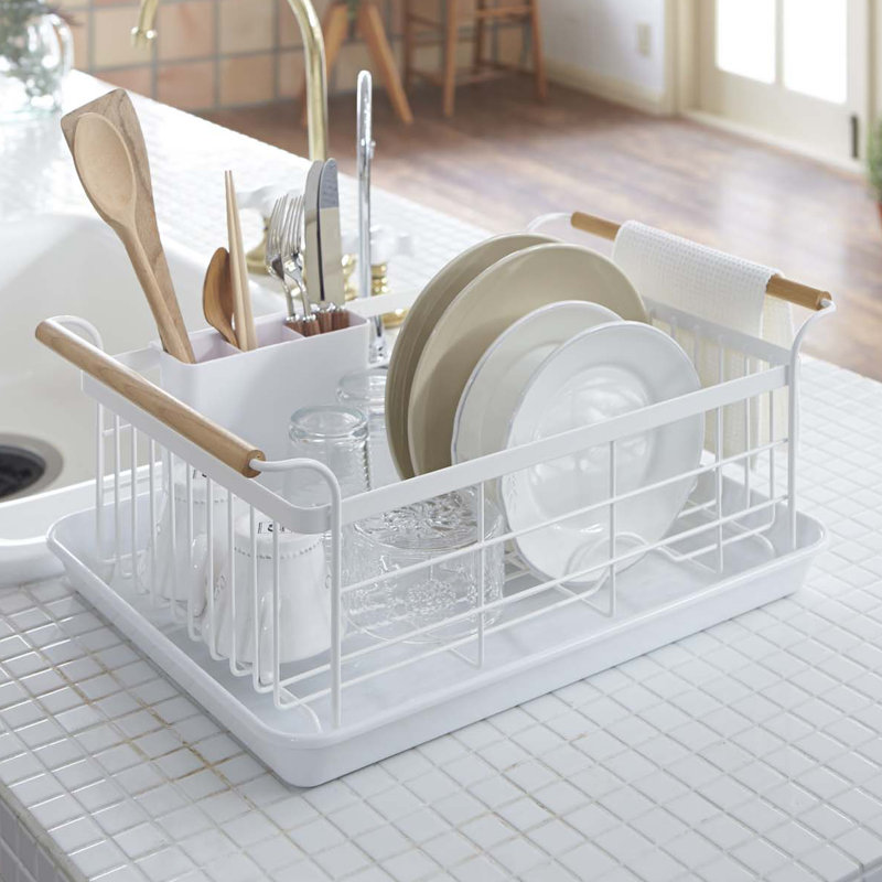 Yamazaki Home Tosca Dish Rack With Removeable Drainer Tray - Steel - Wood, White