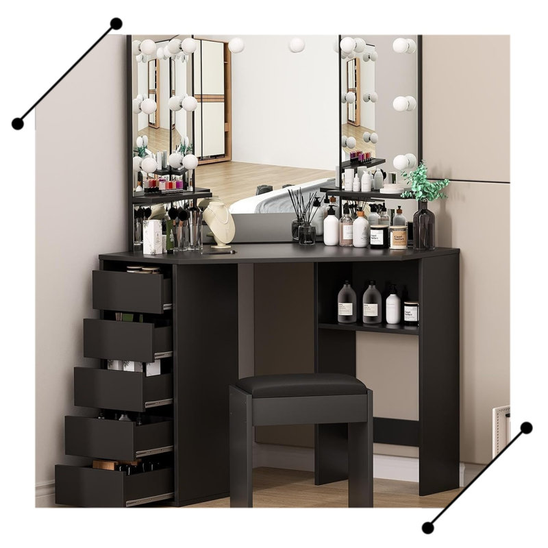 Corner Makeup Vanity Desk with Mirror and Lights - Adjustable LED Lighting, Black