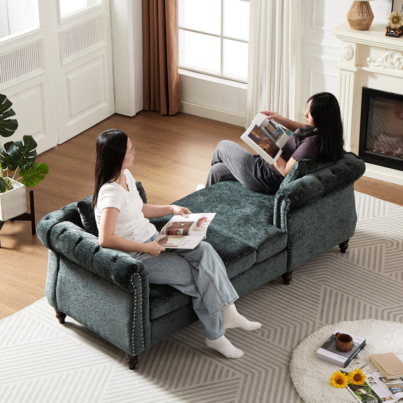 81-inch Chenille Chaise With Button Seat And Back, Nailhead Trim, Rolled Arms For Living Room, Lounge Office, 1 Face-face Grace, 2 Pillows,