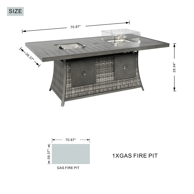 Moda 70 In. X 39 In. X 27 In. Rectangular Wicker Outdoor Gas Fire Pits Table With 6-Chairs1, Grey