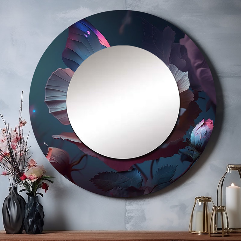 Animaux de compagnie crème avec fleurs, Butterflies I - miroir décoratif floral, miroir mural rond crème, impression sur métal