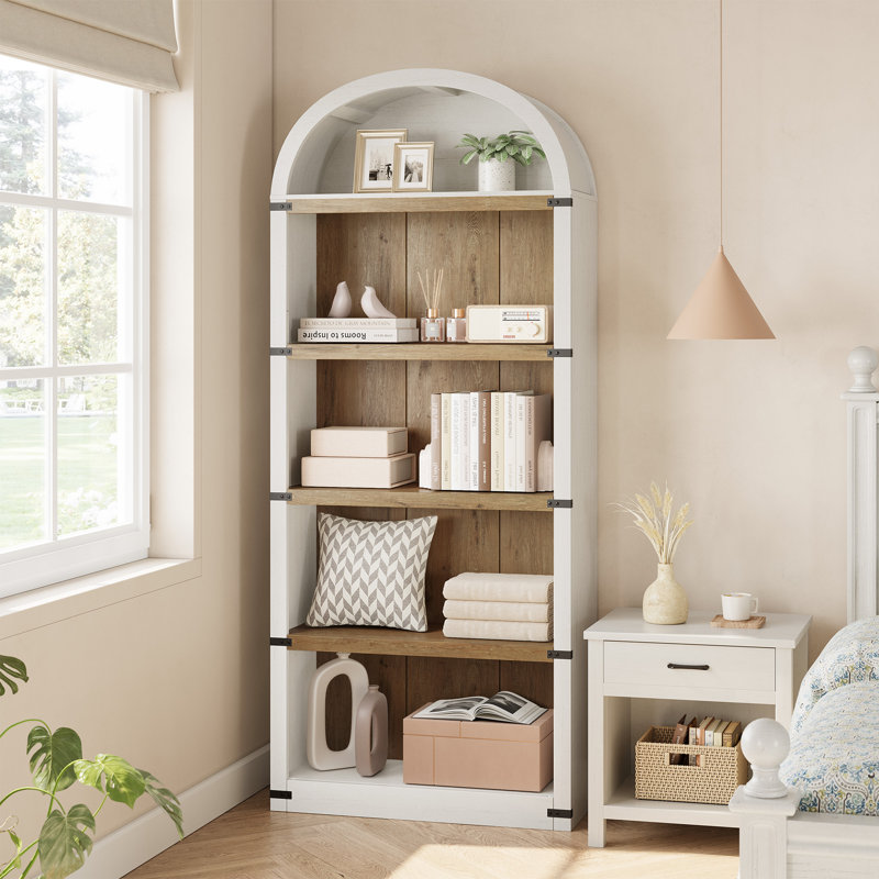 71.65" Tall Arched 5-Shelf Farmhouse Bookcase – Wooden Storage Rack for Home Office, Living Room (White+Natural)