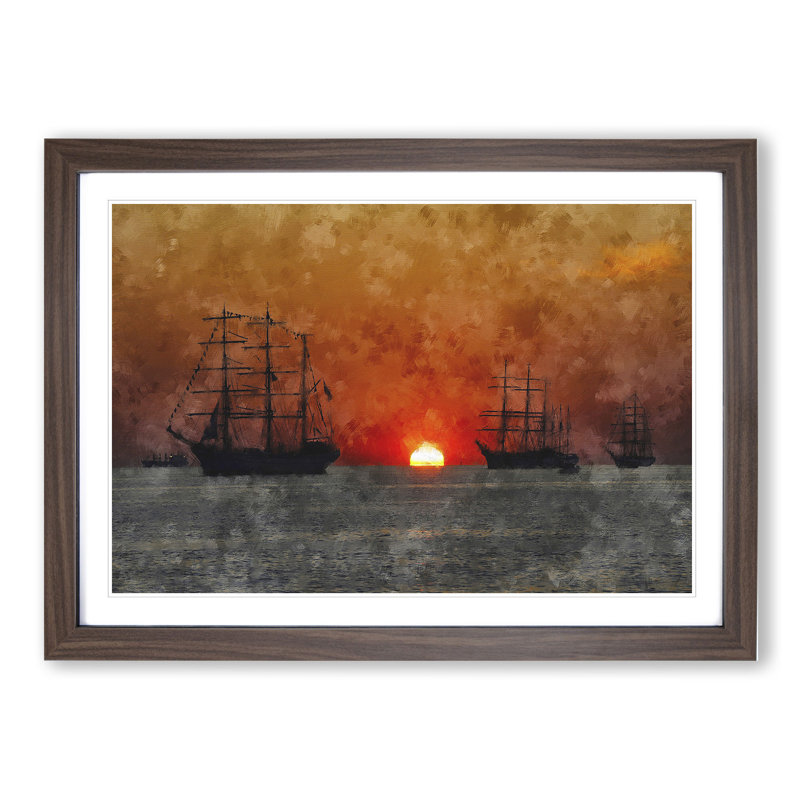 Ships at Sunset - Picture Frame Graphic Art, 27cm H x 36cm W x 2cm D, Walnut Framed