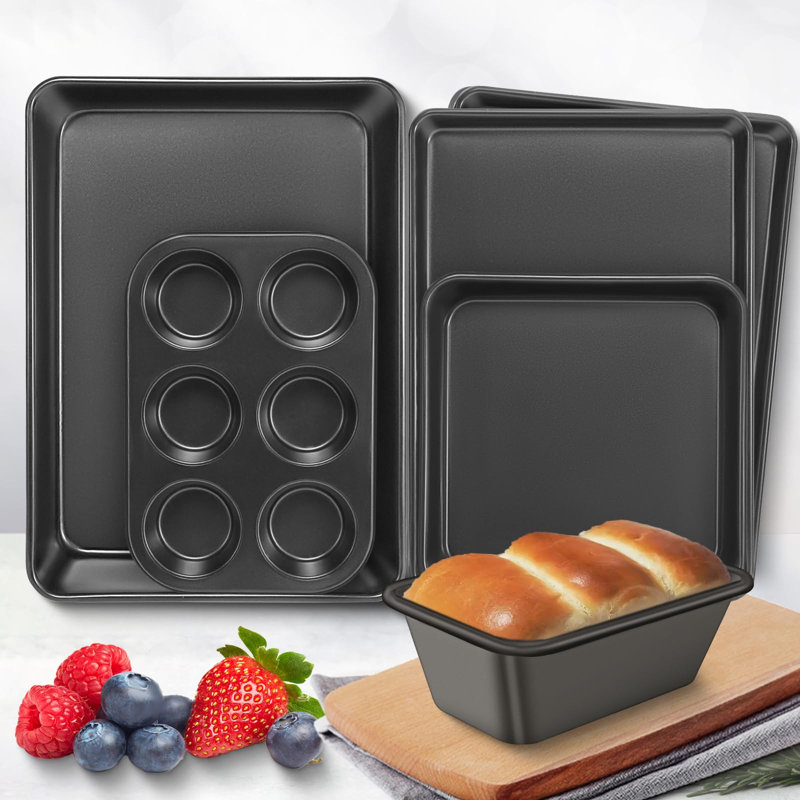Ensemble de moules à pâtisserie, moules antiadhésifs, plats à four, ensemble de 6 pièces comprenant une plaque à biscuits, un plat à rôtir profond, un moule carré, un moule à pain, un moule à muffins, ensemble de pâtisserie en acier au carbone (gris)