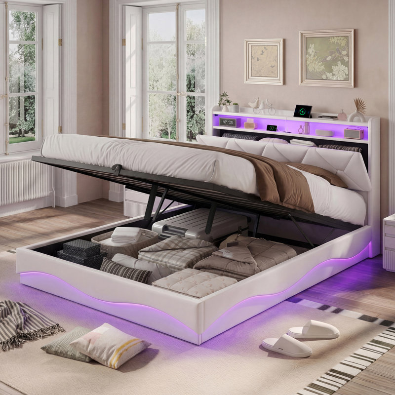Upholstered Ottoman Storage Bed, Beige, European Kingsize (160 x 200 cm)
