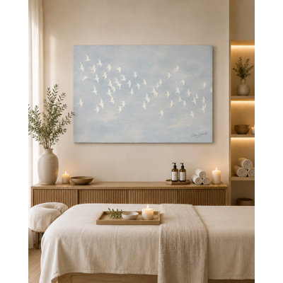 White Birds in Flight Canvas Wall Art, Soft Blue Gray Coastal Bird Painting, Bayland Wrapped Canvas Decor