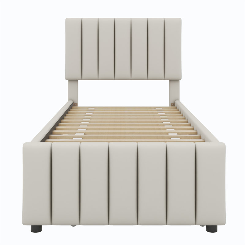 Lit simple avec lit gigogne escamotable et 3 tiroirs de rangement en dessous, lit plateforme simple tapissier en lin, Beige