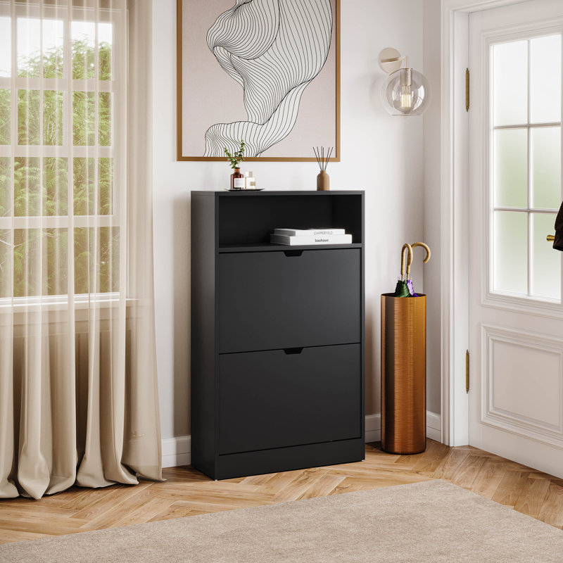 2 Drawer Shoe Cabinet with Open Shelf Modern Storage Furniture for Hallway Living Room Bedroom, Black