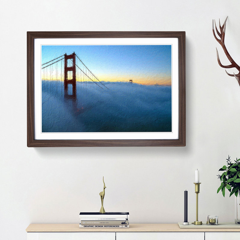 Golden Gate Bridge in the Clouds - Picture Frame Painting Print, 27cm H x 36cm W x 2cm D, Walnut Framed